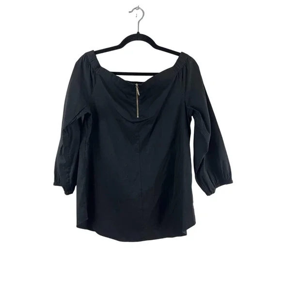 White House Black Market Off On Shoulder Size M Solid Black Top Blouse Back Zip - Picture 4 of 6